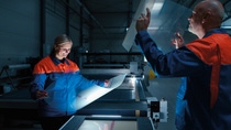 Before applying it to the aircraft, the riblet film NovaFlex SharkSkin with its sharkskin structure is cut from the roll into handy patches. During a visual inspection, Elisa Jasper and Marc Daniel check the film once again before it is safely packaged and delivered to the customer. Before applying it to the aircraft, the riblet film NovaFlex SharkSkin with its sharkskin structure is cut from the roll into handy patches. During a visual inspection, Elisa Jasper and Marc Daniel check the film once again before it is safely packaged and delivered to the customer.