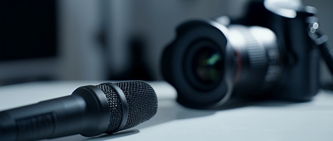 Studio microphone and blurry professional camera on a table Studio microphone and blurry professional camera on a table