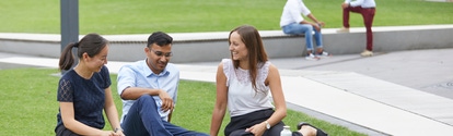 Three young employees with a laptop sitting on the lawn and talking animatedly. 