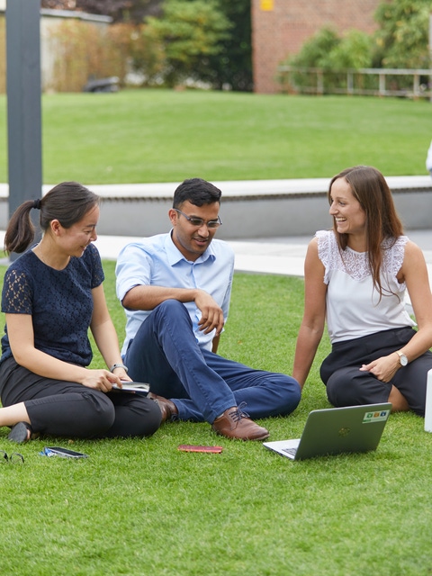 Three young employees with a laptop sitting on the lawn and talking animatedly. 